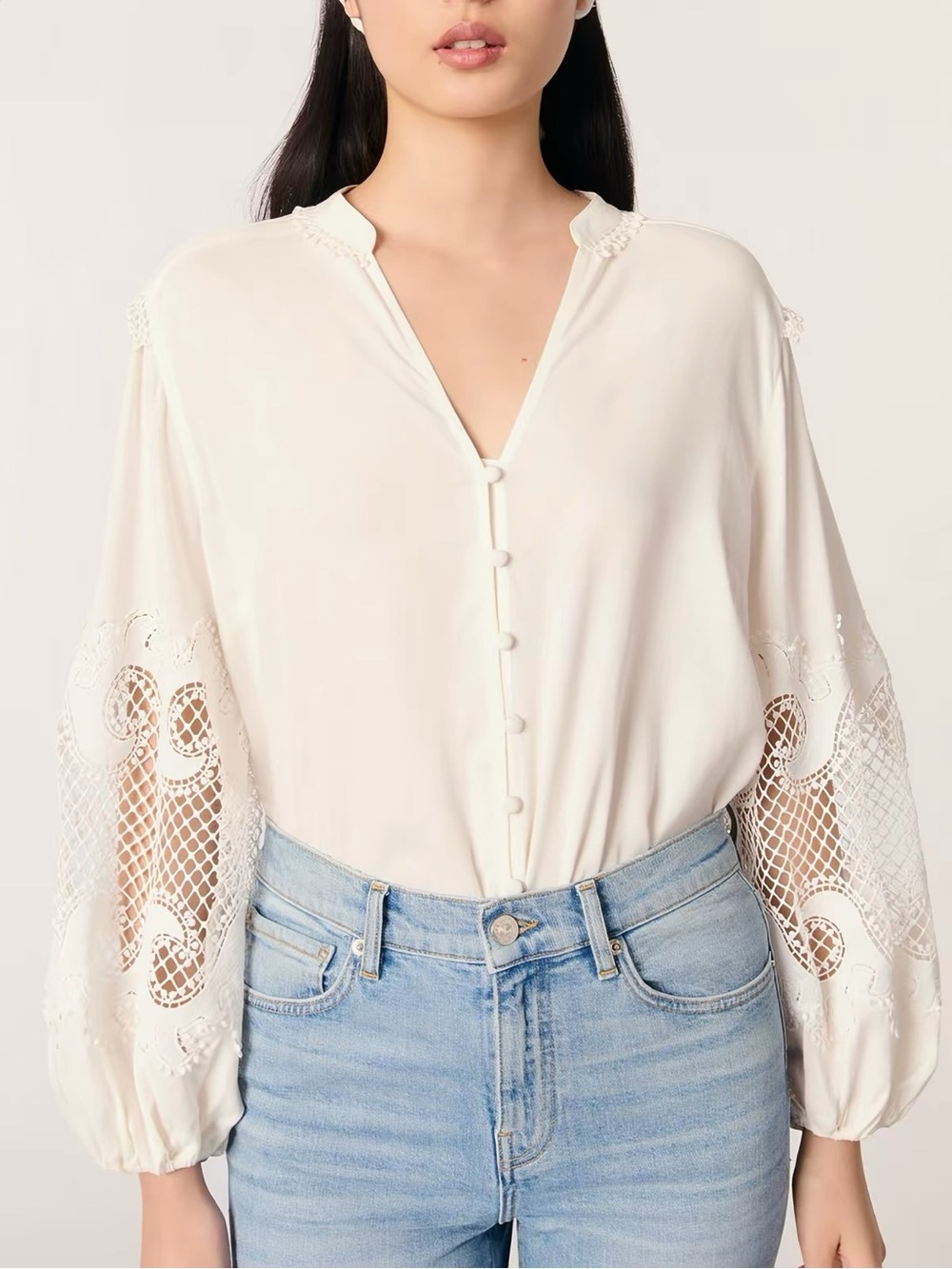 Maje Cream Lace-Panel Button Front Blouse